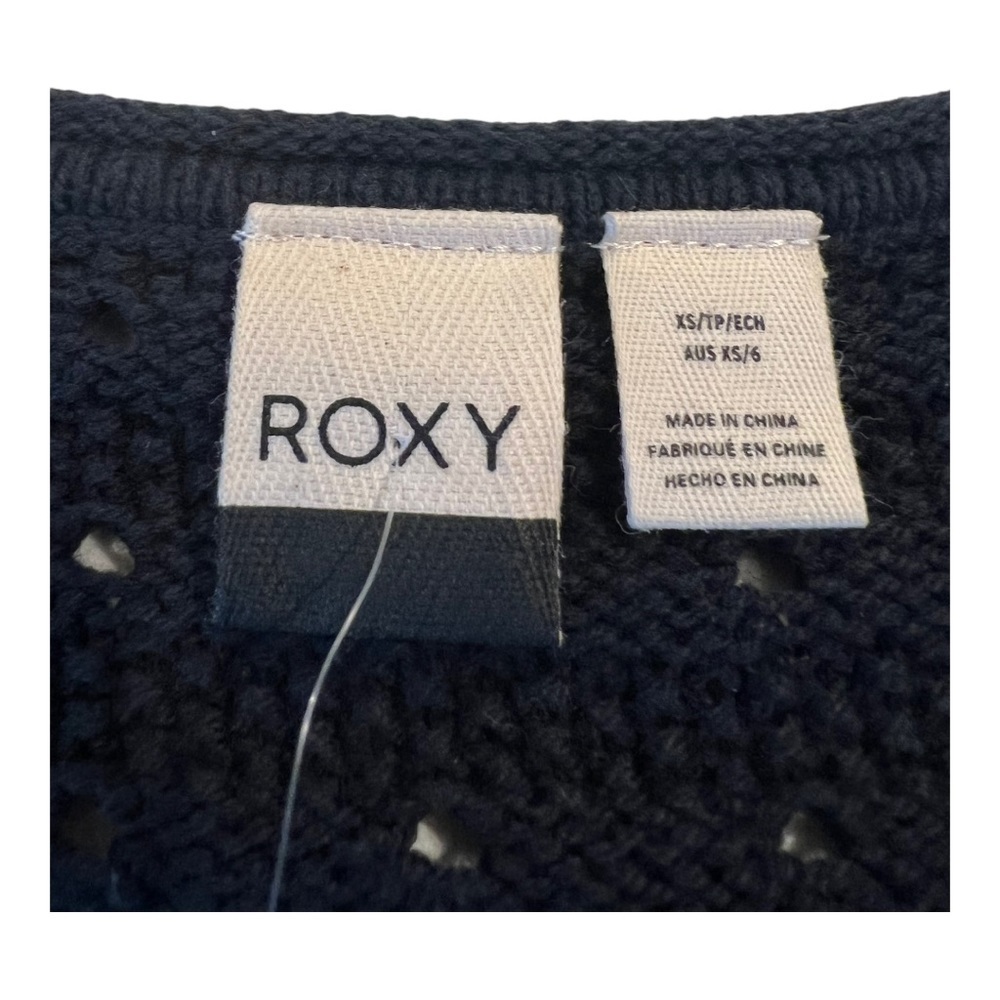 ROXY Pointelle Navy Birdy Day Square Neck Dropped Balloon Sleeve Navy Sweater - Picture 3 of 12